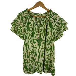 Rose + Olive Green Ikat Peasant Top Size 1X Tassel Tie Resort Vacation‎ Boho